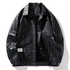 Men PU Leather Jacket Retro Lapel Button Down Faux Leather Coat Warm Fleece Lined Casual Motorcycle Outerwear For Winter Men