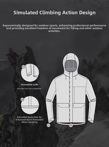 Close-up of ergonomic jacket details showing horseshoe cuffs and extended back hem design