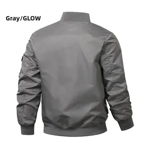 Detail view of the ribbed back hem and sleeve cuffs on the grey bomber jacket