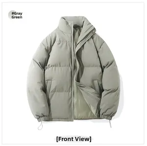 Detailed front view of gray-green men's puffer jacket with horizontal quilting and stand collar