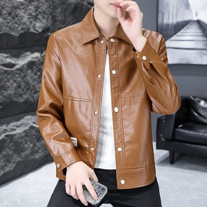 Men's brown PU leather jacket with lapel collar and metal buttons in a casual style
