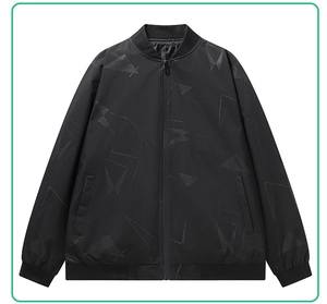 Detail of black bomber jacket with geometric triangle patterns and ribbed cuffs