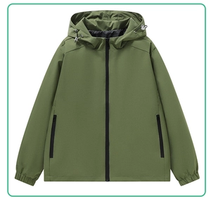 Close-up of army green hooded jacket with waterproof zipper pockets and windproof cuffs