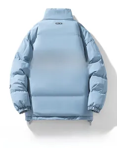 Back view of light blue padded jacket with horizontal quilting and a stand-up collar