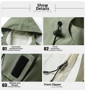 Detailed views of detachable hood, adjustable drawstring, velcro straps and front zipper