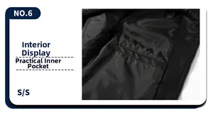 Detail view of the inner lining and functional pocket on this black faux leather jacket