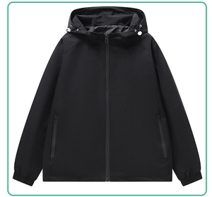 Detail of waterproof glued zippers and drawstring hood on black tactical windbreaker