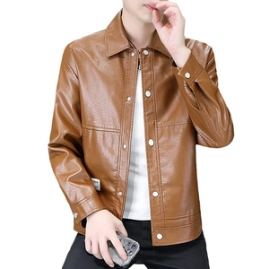 Men's brown PU leather jacket with lapel collar and button closure for autumn style