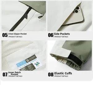 Detail view of waterproof zippers, breathable mesh lining, and adjustable cuffs on the jacket