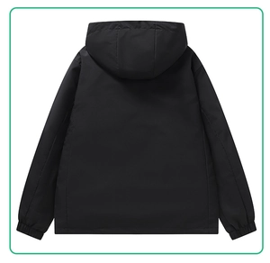 Back view of a black hooded windproof jacket with elastic cuffs and waterproof fabric