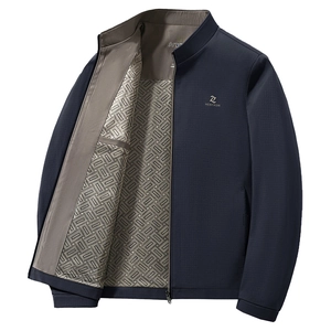 Men's dark blue stand-up collar jacket with patterned lining and geometric chest logo