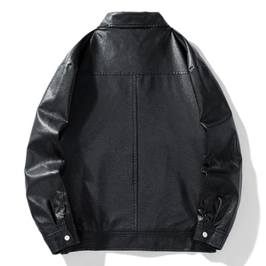 Men's winter black faux leather jacket featuring back T-seam stitching and stand collar