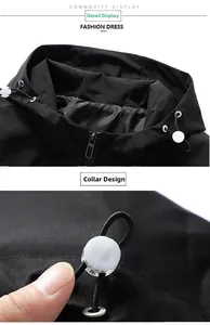 Detail view of adjustable drawstring and windproof zipper on black hooded functional jacket