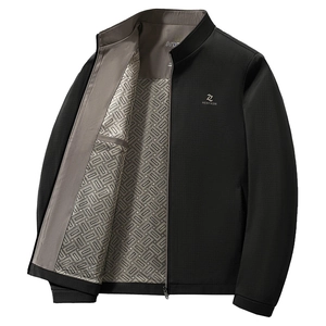 Men's classic black stand collar casual jacket with textured check pattern and logo
