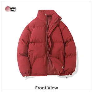 Front view of a thick padded burgundy puffer jacket with a stand collar and zip closure