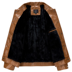 Brown men's stand collar PU leather jacket with thick black faux fur lining and silver buttons
