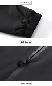 Detail of waterproof zipper and elastic cuffs on black functional windbreaker jacket