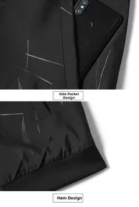 Detail of men's casual jacket showing side zip pocket and elastic ribbed hemline