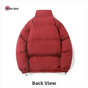 Rear view of wine red puffer jacket with stand collar and adjustable drawstring hem