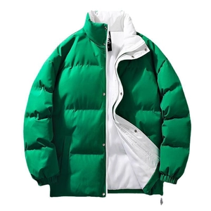 Men's stylish green stand collar quilted puffer jacket with white contrast detailing