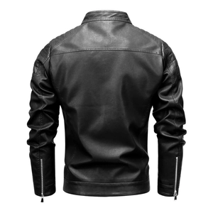 Slim fit black faux leather motorcycle jacket for men featuring a stand collar and quilted shoulders