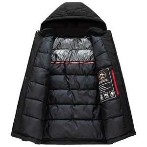 Men's winter hooded parka with heat-reflective lining and secure red zipper pocket