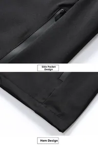 Detail of waterproof zipper pocket and hem stitching on black windbreaker jacket