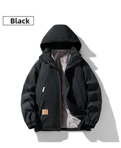 Detail of black hooded jacket with windproof fabric and warm gray fleece lining