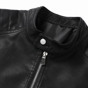 Slim fit black faux leather jacket for men featuring mandarin collar and quilted shoulders