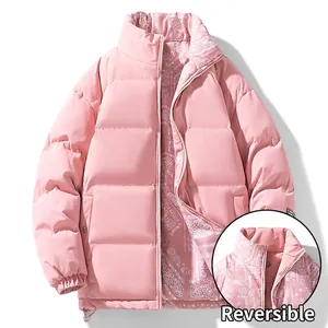 Men Reversible Stand Collar Padded Jacket Paisley Print Winter Warm Thickened Loose Fit Casual Unisex Cotton Coat Outwear