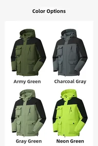 Waterproof outdoor hooded jackets shown in army green, coal gray, lime and teal colors
