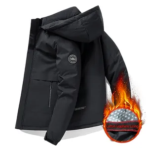 Men's thickened hooded thermal winter jacket in black with graphene lining and arm patch