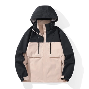 Waterproof two-tone hooded outdoor jacket in black and beige with multi-pocket design