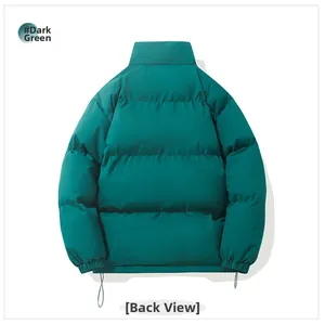 Detail of dark green winter jacket back featuring windproof drawstrings and rib cuffs