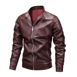 Slim fit men's burgundy PU leather motorcycle jacket with stand collar and quilted detailing