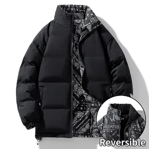 Men's reversible winter jacket with stand collar featuring black side and paisley print