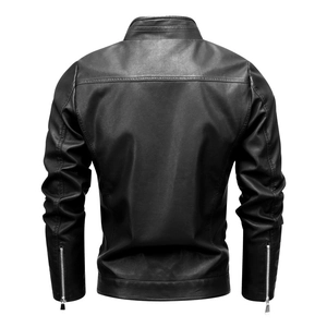 Men's black faux leather motorcycle jacket with stand collar and zipper cuffs, back view