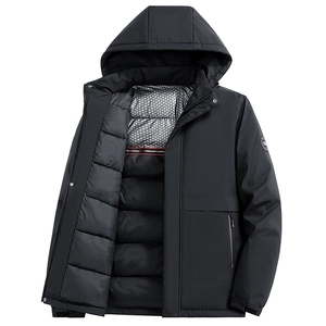 Men's winter thick padded hooded jacket in black with fleece lining and windproof zipper