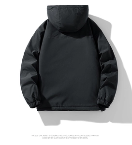 Detailed back view of a black windproof jacket with drop shoulder and elastic cuffs