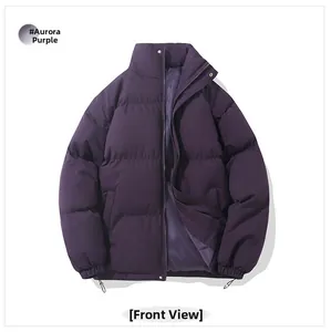 Front view of an aurora purple puffer jacket with stand collar and quilted design
