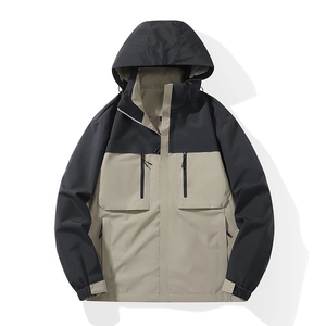 Waterproof outdoor hooded jacket in khaki and black colorblock design for men and women