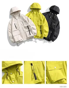Detail showing tactical multi-pocket structure and hooded design of this outdoor jacket