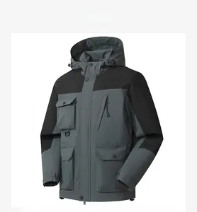 Detail of waterproof outdoor jacket with tactical multi-pockets and hooded collar design