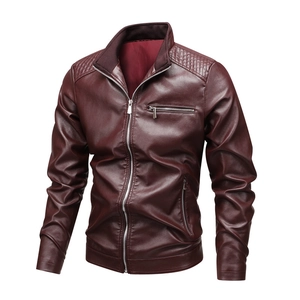 Men's slim fit burgundy faux leather motorcycle jacket with stand collar and quilted shoulders