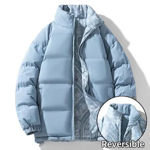 Men's reversible light blue stand collar puffer jacket with white paisley pattern lining