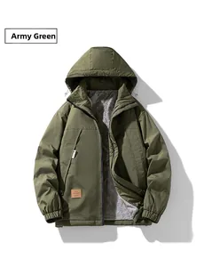 Detail of army green jacket showing thick grey fleece lining and windproof hooded design