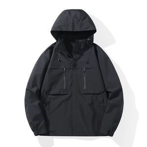 Waterproof black outdoor hooded jacket with windproof fabric and functional pockets