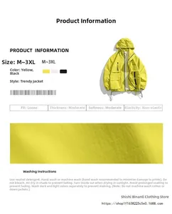 Detailed size chart for the waterproof outdoor work jacket in yellow and white