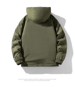 Rear view of men's olive green windproof hooded jacket with elastic cuffs and loose fit