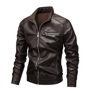 Men's slim fit dark brown PU leather motorcycle jacket with stand collar and quilted shoulders